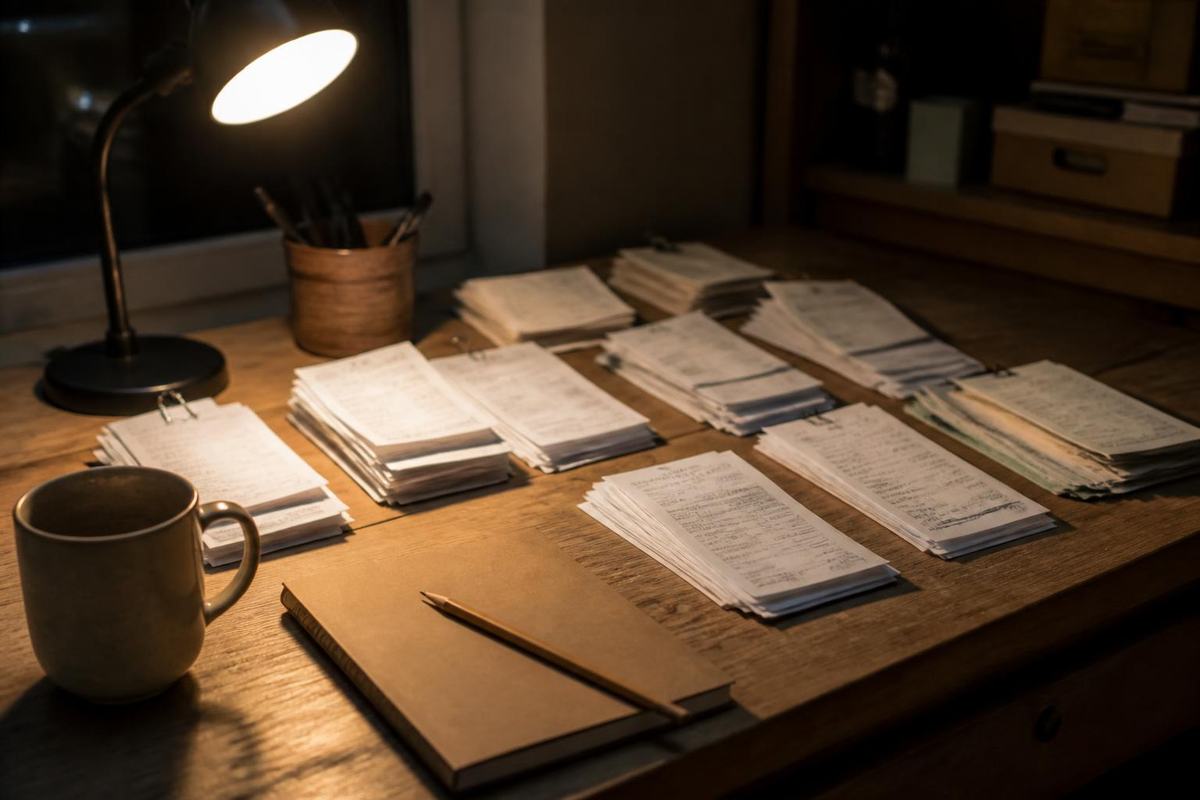 A desk with receipts, a ledger notebook and a pen under a warm work lamp.